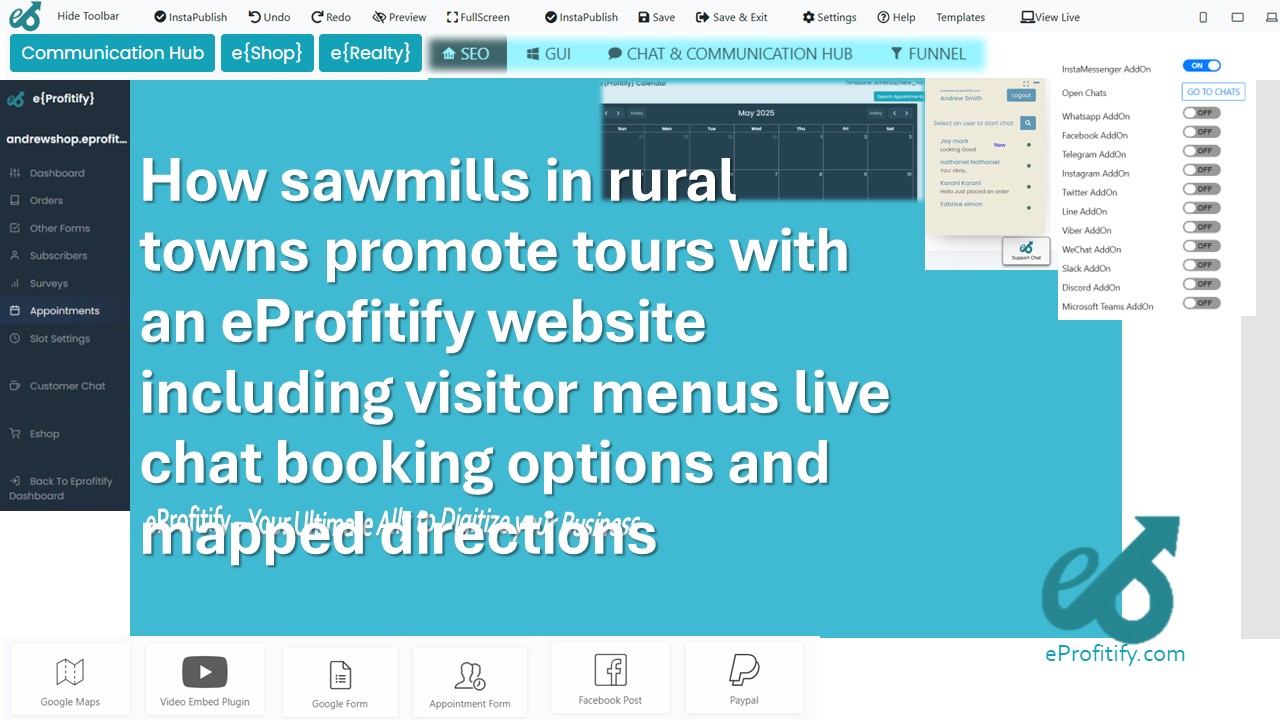 How sawmills in rural towns promote tours with an eProfitify website including visitor menus live chat booking options and mapped directions